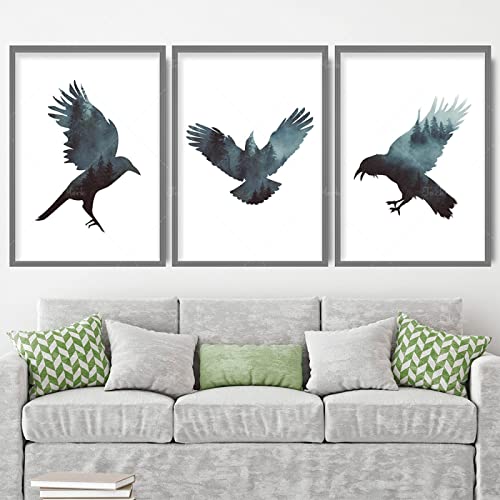 Leinwandbilder Wald Nebel Rabe Wald Kunst Gemälde Nordische Tierwelt Vogel Galerie Wand Poster Dekoration für Schlafzimmer 30x40cmx3pcs Rahmenlos