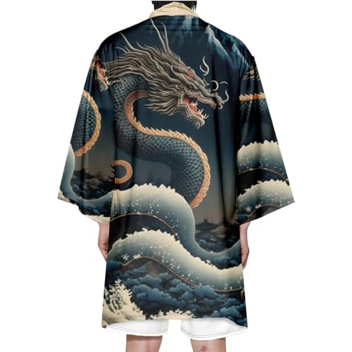 Morgenmantel Herren, Leichter Kimono-Bademantel, Übergröße, Bedruckter Drache, Japanische Nachtwäsche,Blue-4XL