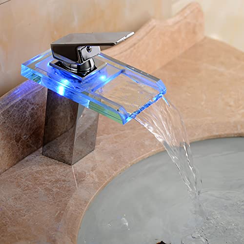 Beleuchteter Glas LED Wasserhahn Wasserfall Armatur RGB Wasserhahn Waschbecken Waschtischarmatur Mischbatterie Badarmatur Beleuchteter Glas Bad 3 Farbewechse