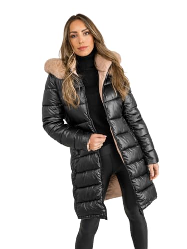 BOLF Damen Winterjacke Parka Gefüttert mit Kunstfell Kapuze Wintermantel Lange Steppjacke Daunenjacke Puffermantel Sportjacke Warm Gefüttert Freizeit Outdoor Casual Style B8202 Schwarz XL [D4D]