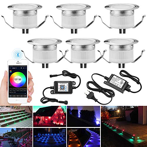 INDARUN Bluetooth LED Bodeneinbauleuchten Aussen RGBW 6er Set, Ø31mm Terrasse Einbaustrahler, Led Terrassenbeleuchtung IP67 Wasserdicht Boden Licht für Küche Garten Treppen