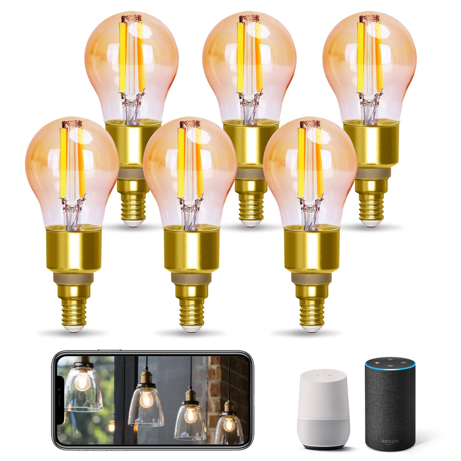 Aigostar Alexa Glühbirne E14， Smart LED Vintage Lampe， Smarte Glühbirne G45 Bernstein Globe， 4.5W 470LM， Warmweiß Dimmbar 2700K -6500K， Kompatibel mit Alexa und Google Home， 6 Stücke