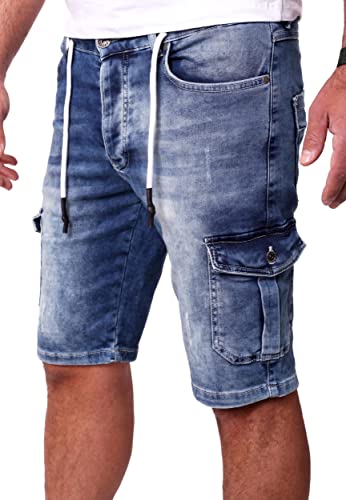 Reslad Cargo Jeans Shorts Herren Kurze Hosen Sommer - Sweathose in Jeansoptik l Stretch Denim Männer Jeansshorts l Hose Slim Fit RS-2099 Blau W30