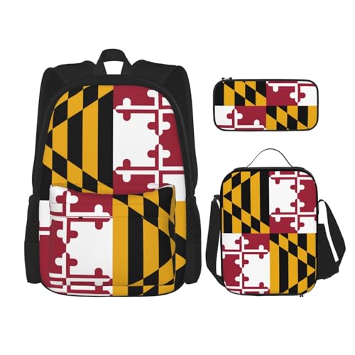 WURTON 3-in-1 Büchertaschen-Set, verstellbarer Schulter-Rucksack, Lunch-Tasche, Federmäppchen, Etui mit ukrainischer Flagge, Flagge des Bundesstaates Maryland, Einheitsgröße