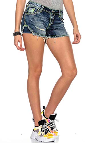 Cipo & Baxx Damen Jeansshorts Freizeit Used Denim Kurze Hose Hotpants Shorts Neon-Naht WK157 Blau 30