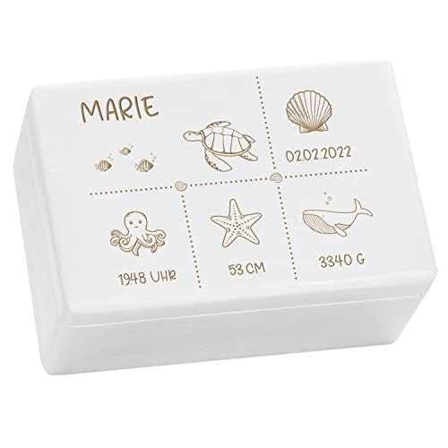 Kekskrone personalisierte Holzkiste mit Deckel - Ocean Serie - Weiß - ca. 30 x 20 x 14 cm - personalisierte Geschenke Baby - Aufbewahrungsbox Kinder - Taufgeschenke für Mädchen