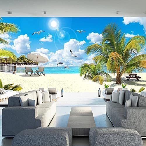 Blauer Himmel, Weiße Wolken, Sandstrände, Kokospalmen Und Meerblick. 3D Tapeten Wanddekoration Fototapete Sofas Wohnzimmer Wandbild Schlafzimmer-150cm×105cm