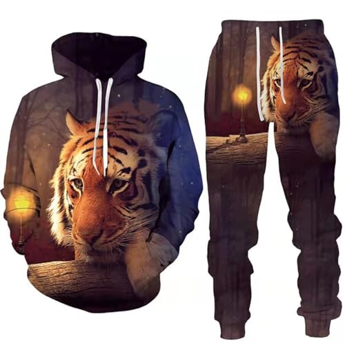 RIAAJ 3D wolf Jogginganzug Herren Jogging Sportanzug Fitness Sporthose Hose Hoodie Herren Trainingsanzug Zweiteiliges Set Freizeitanzug mit Löwen Tigermuster Sportsw (A21,5XL)