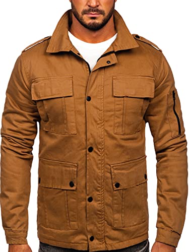 BOLF Herren Übergangsjacke Militär Jacke Fracht Jacke Feldjacke Windbreaker Herbstjacke Baumwolle Jacke Stehkragen Cargo Taschen Military Style 10290 Camel L [4D4]