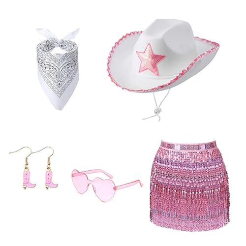 80er Jahre Damen Kostüm Set Lady Accessoires Bandana Ohrring Sonnenbrille Western Cowgirl Hut Erwachsene Rockstars Cooles Outfit