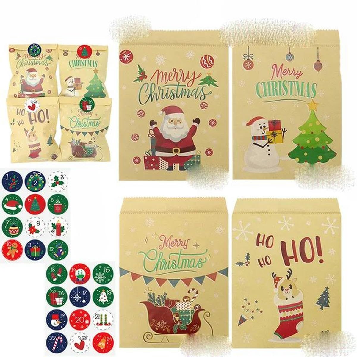 24 x Weihnachts-Kraftpapiertüten, Weihnachtsmann, Schneemann, Weihnachtsfeier, Gastgeschenke, Weihnachten, Süßigkeiten, Kekse, Geschenkbeutel, Verpackung, Zubehör, 24 Sets, Weihnachtsfarbe, 4–24 Sets