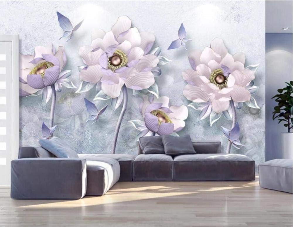 Geprägte Lila Blume Schmetterling 3D Tapete Poster Restaurant Schlafzimmer Wohnzimmer Sofa TV Dekorative Wand-300cm×210cm