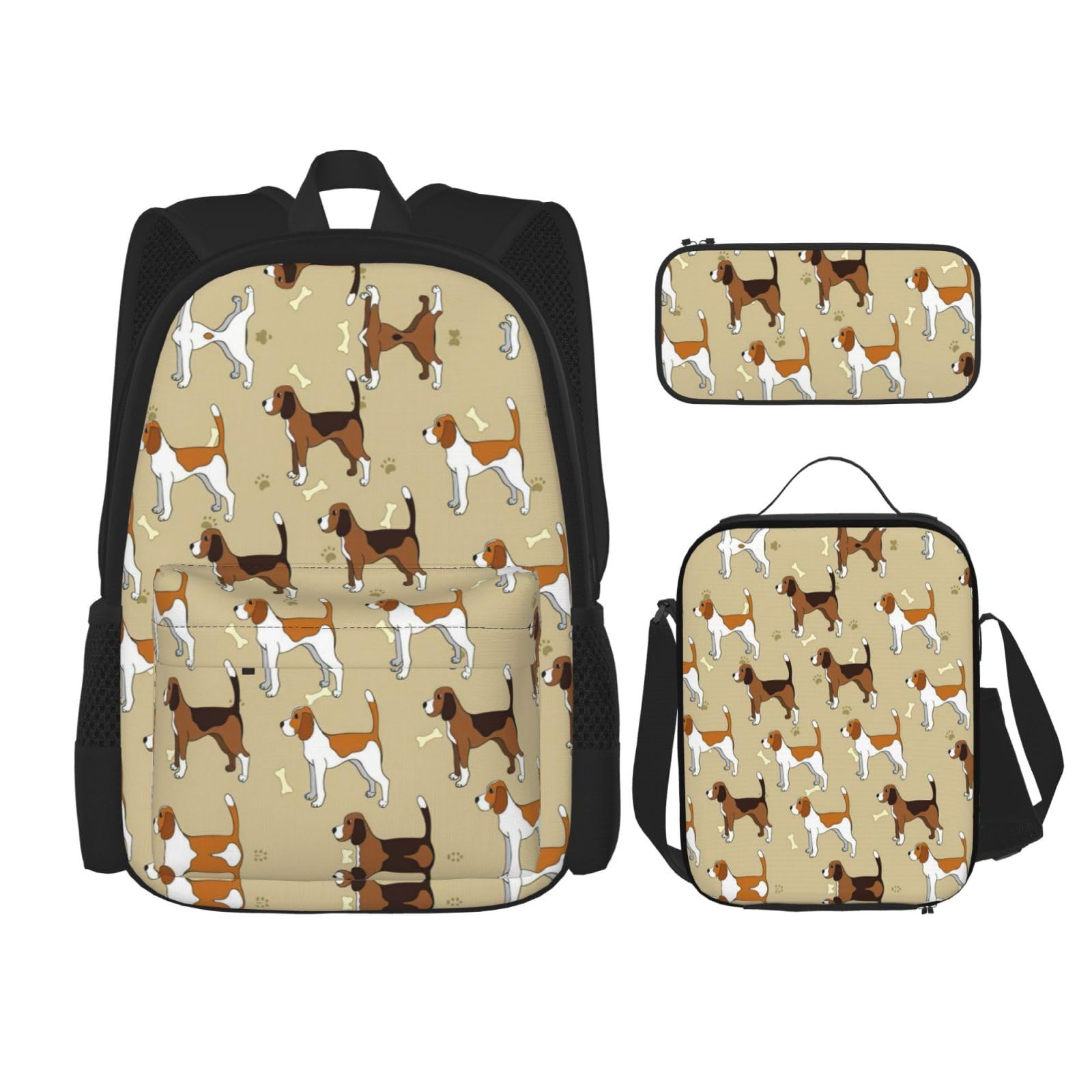 WURTON Cartoon Beagle Dogs Print Schulrucksack 3 in 1 Büchertasche Set Mit Lunchbox Federmäppchen Reise Laptop Daypacks