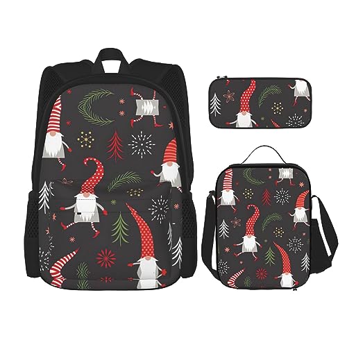 WURTON Rucksack mit Weihnachtszwergen-Druck, Schultasche mit Lunchtasche, Federmäppchen, Kombination, Schultaschen-Set