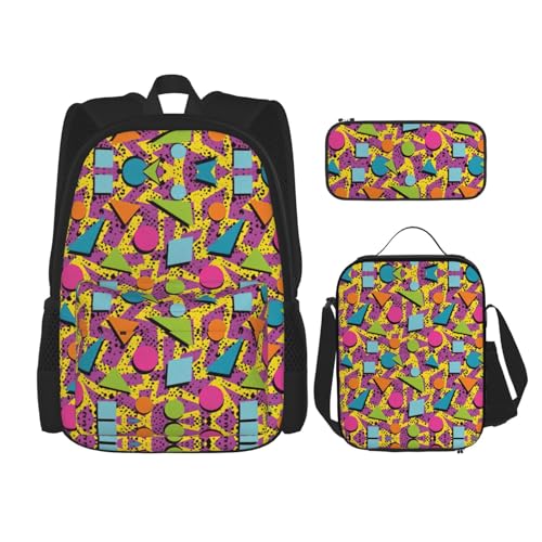 WURTON Schulrucksack-Set mit buntem Memphis-Druck, 3-in-1-Büchertaschen-Set mit Lunchbox, Federmäppchen, Reise-Laptop-Tagesrucksäcke