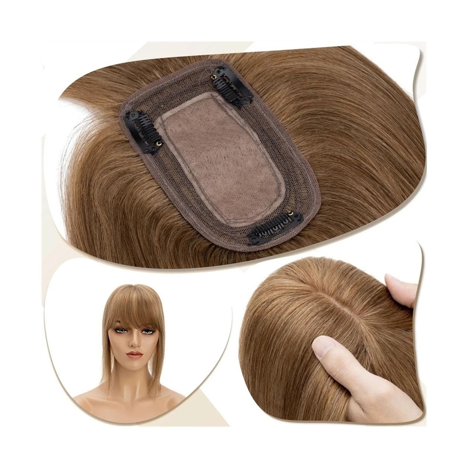 Haartopper für Frauen Damen-Topper, Mittelteil, Haaraufsätze mit Pony, glattes Haar, Perücken, natürliches indisches Echthaar, 7 x 12,5 cm, Topper auf Seidenbasis, Clip-in-Haarverlängerung Haarteil To