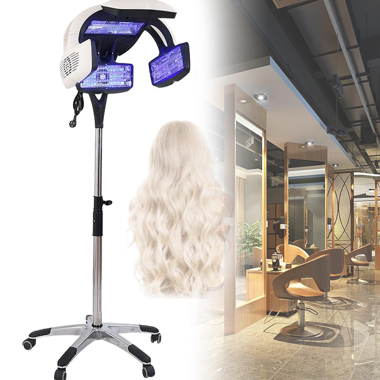 Qiang 1200 W Schönheitssalon-Haarprozessor,Haarfärbe-Dampfgerät für Dauerwellen Multifunktional 5-Kopf-Friseurheizstrahler,Vertikal/Hängend,mit LCD-Display und Timer,White-Standing