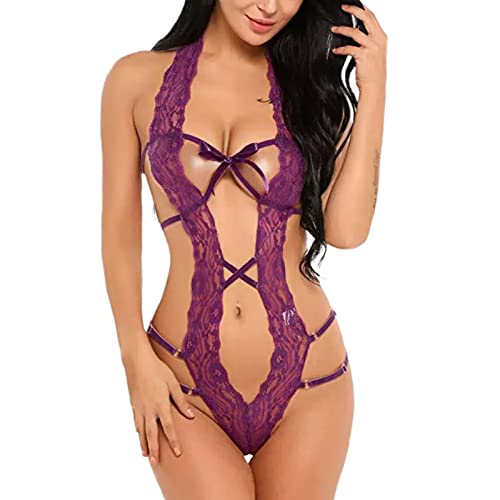 Damen Reizwäsche Teddy Unterwäsche Lace Sexy Damen One Piece Open Hollow Dessous Lila S