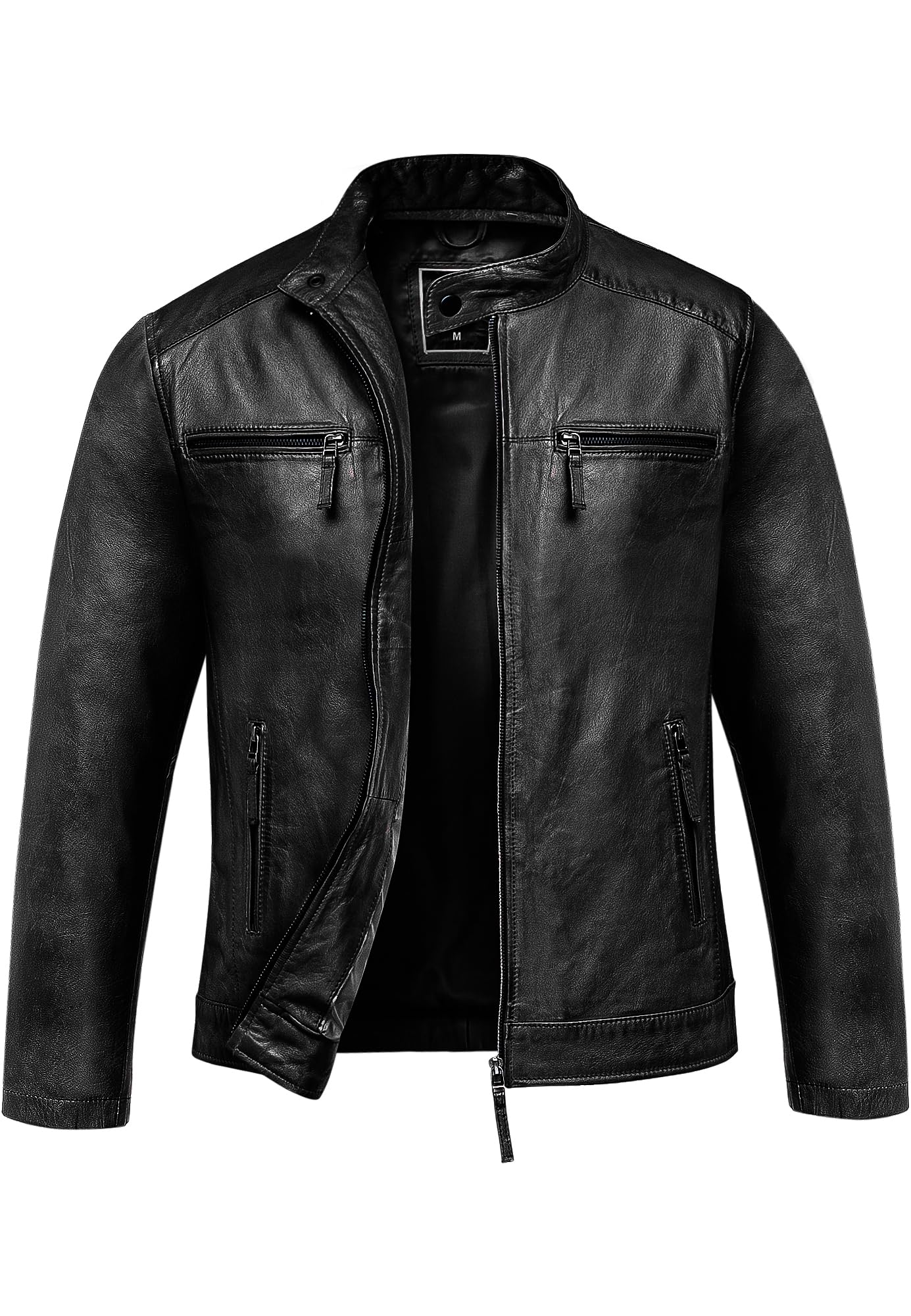 Amaci&Sons Herren Echtleder Jacke Biker Zipper Lederjacke 9108 Schwarz L