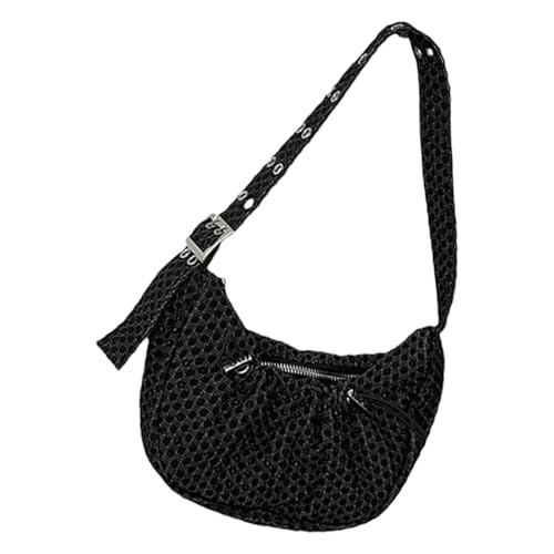 Zkydhbd Koreanische Damen-Schultertasche, plissiert, Kordelzug, Unterarmtasche, karierte Textur, Ösen, Riemen, modische kleine Handtasche, Schwarz , Einheitsgröße