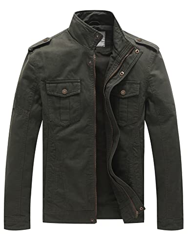 WenVen Herren Militär Jacke Klassisch Fracht Jacke Stehkragen Übergangsjacke Leicht Outdoor Jacke Mantel Cargo Stiel Oberbekleidung Grün XL