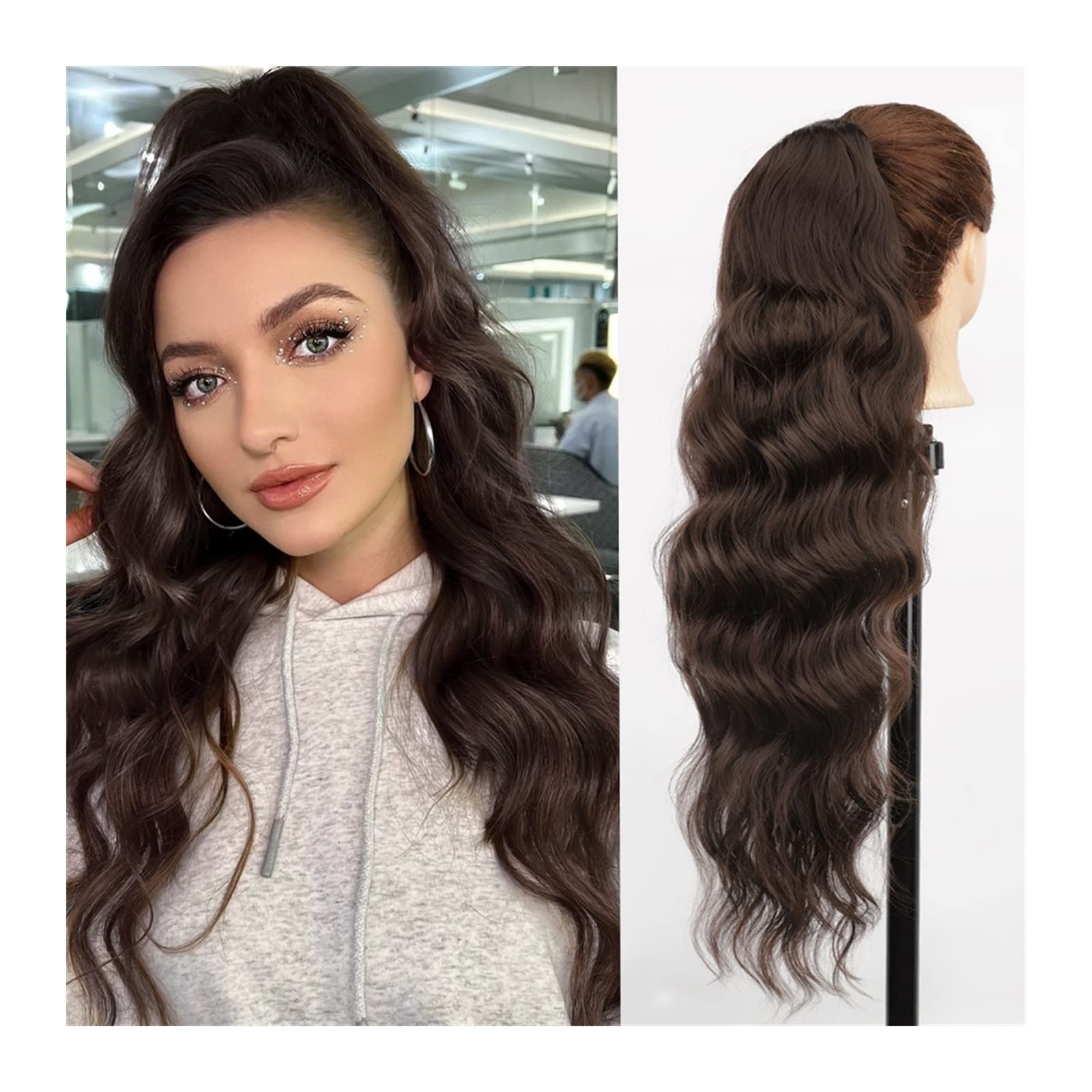 Pferdeschwanzverlängerung 66 cm lange gewellte Haarverlängerung, synthetische hitzebeständige Haarverlängerung, Haarteil for Frauen und Mädchen, Kordelzug-Pferdeschwanz, natürlicher, weicher Clip-in-P