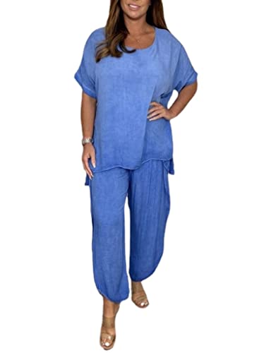 2-teiliger Hosenanzug mit Ärmeln für Frauen,Hosen mit lockeren,fließenden Ärmeln,Plus Size 5XL 2 Piece Solid Color Suit (Sky Blue,4XL)