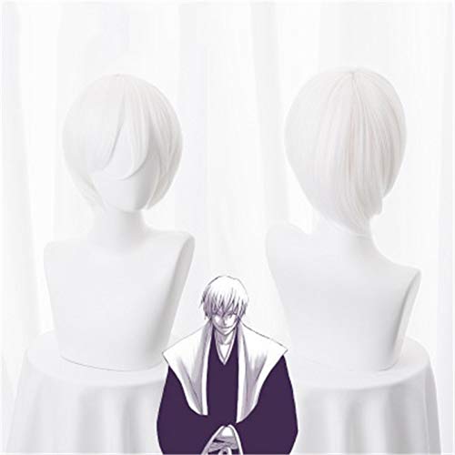 LINLINCD Cosplay wig Bleiche Ichimaru Gin Cosplay Perücke Weiß Kurzes Kunsthaar Halloween Karneval Anime Kostüm Perücken KUZW031A