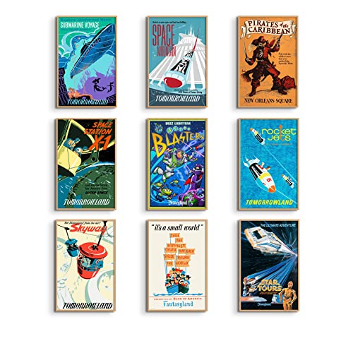 Vintage-Disney-Poster, Space Mountain, Fluch der Karibik, It's a Small World, Star Tours, Astro Blasters, Disney Ride Reproduktion, Wandkunst, 28,9 x 43,2 cm, Set mit 9 Disney Ride Postern für die