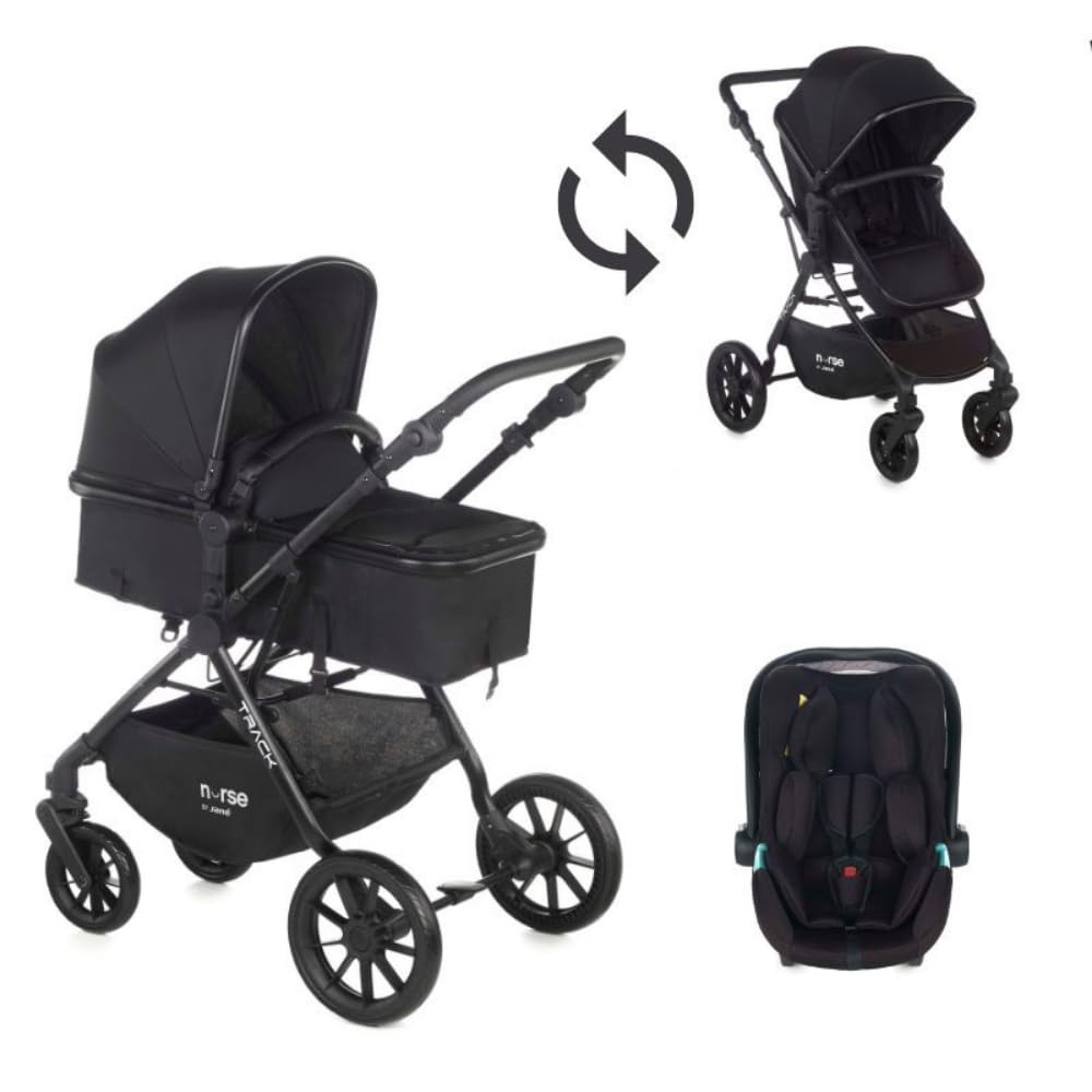 Nurse Track, 2-en-1 Kinderwagen + Babyschale, Sitz umwandelbar in Tragetasche, kompakt faltbar, mit Regenschutz und Tasche, Schwarz