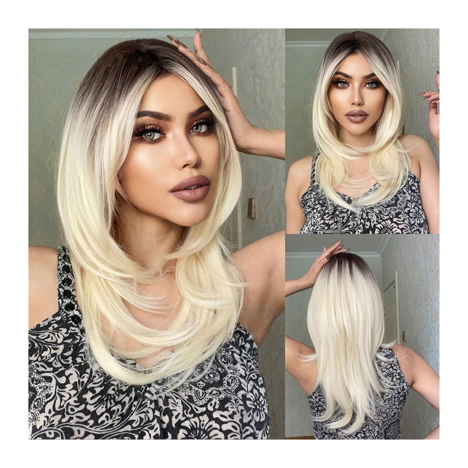 Perücken für Frauen Synthetische Perücken, lange, gerade, platinblonde Ombre-Perücken mit Pony for Frauen, tägliche Cosplay-Party, geschichtete Haarperücke, hitzebeständig für die Tägliche Party Cospl