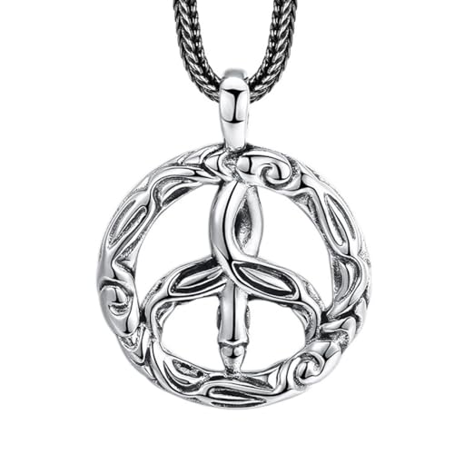 VOYADE S925 Sterling Silber Gras-Muster Kreis Anhänger, Hip Hop Kreis Anhänger Halskette Für Männer Und Frauen,Silber,Pendant + Chain 60cm