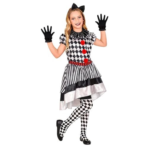 Widmann - Kinderkostüm Retro-Clown, Kleid mit Clownkragen, Schleife, Handschuhe, für Mädchen, Karos, Streifen, Kostüm, Verkleidung, Mottoparty, Karneval, Halloween