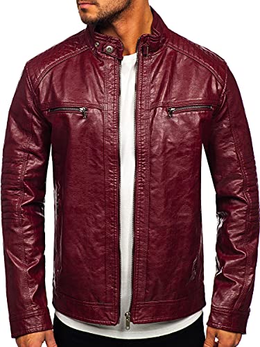 BOLF Herren Lederjacke Stehkragen Kunstlederjacke Bikerjacke Winterjacke Übergangsjacke Steppjacke Motorradjacke Pilotenjacke Fliegerjacke Bomberjacke Casual Style 2002 Weinrot XXL [4D4]