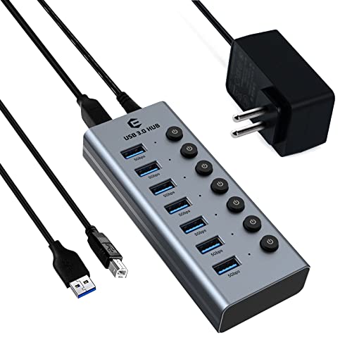 USB Hub, oditton USB Splitter 7-Port Compact USB Hub 3.0 5Gpbps USB Adapter Kompatibel für Mac OS X 10.2, Windows 10/8/7/Vista/XP, Linux(mit DC Adapter & 100CM USB Verlängerungskabel)