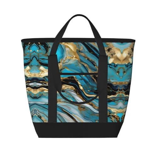 YQxwJL Isolierte Kühltasche, Einkaufstasche, Einkaufstasche, Reisetasche, Strand, wiederverwendbar, für Erwachsene, Türkis, Blau, Gold, Marmor-Druck, Schwarz, Einheitsgröße