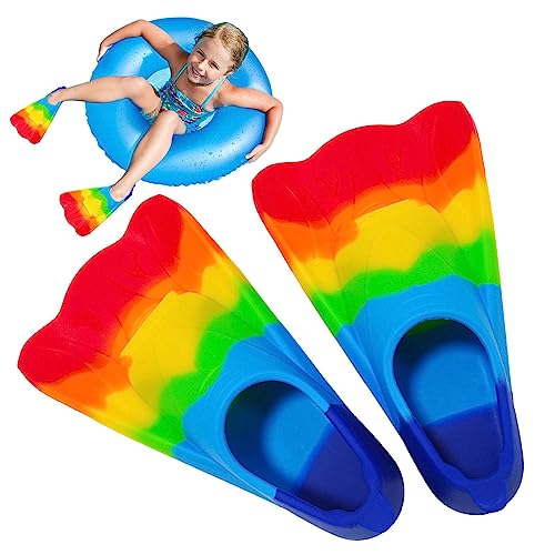 Schwimmflossen Kinder, Kreative Regenbogen-Silikon-Schwimmflossen Atmungsaktive Kinder-Schnorchelflossen Bequeme Kurze Jugend-Schwimmflosse Schwimmen Tauchen Schnorcheln Training