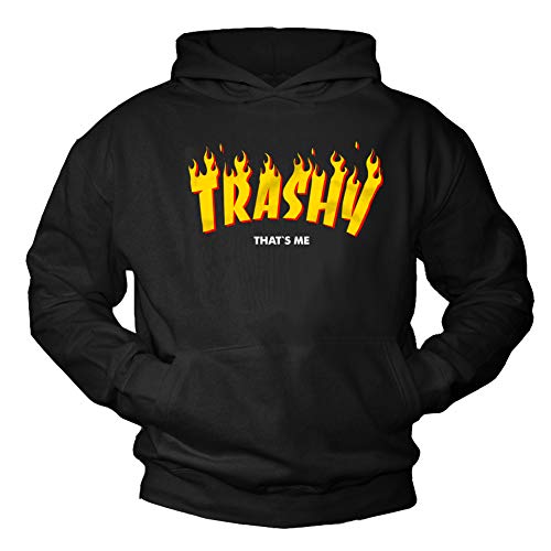 MAKAYA Unisex Hoodie Kapuzenpullover mit Spruch - Thrashy Thats Me - Schwarz Pullover mit Kapuze Herren/Damen Trasher Größe M