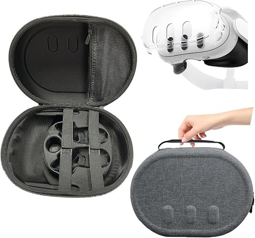 rokeblau Zubehör für Meta Quest 3, tragbare Tasche + transparente Harte Acrylschalenabdeckung, Schutzbeutel mit Handgurt für Q3 Headset Controller Original Kopfgurt und Zubehör (Leinenasche)