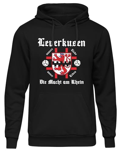 UGLYSHIRT Leverkusen Macht am Rhein Herren Kapuzenpullover | Sport Leverkusen Meister Hoodie Leverkusen Pullover Trikot Fanartikel Fussball Stadt Skyline | Schwarz (L)