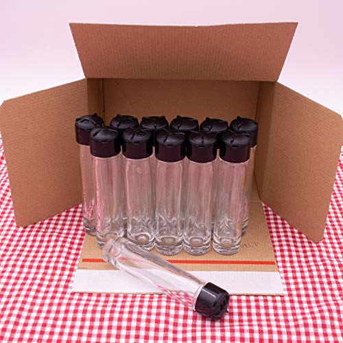 Flaschenbauer 12 Stück Gewürzglas 50ml mit Streuaufsatz für Salz & Pfeffer und zur Aufbewahrung von Gewürzen, Kräutern, Saucen oder Dips (Schwarze Streudeckel)