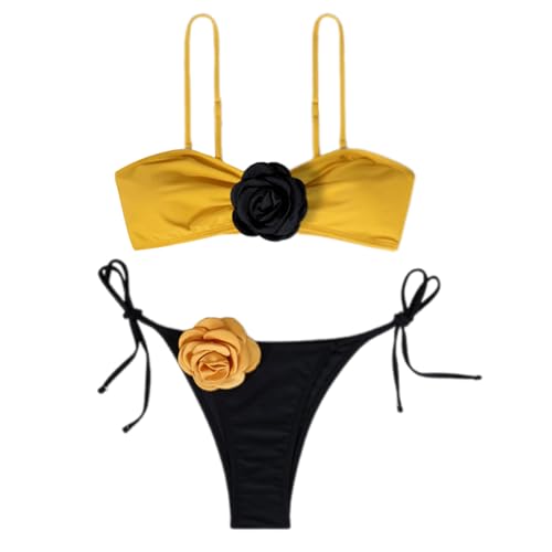 JUNNASALIKER Zweiteiliges Damen-Badeanzug-Set, 3D-Blumendekoration, Bandeau-Badeanzug mit verstellbarem Schulterriemen