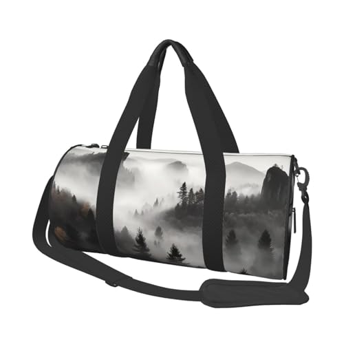 Foggy Mountains Reisetasche, Handgepäcktasche, Wochenendtasche, Übernachtungstasche, Sport, Turnbeutel für Damen und Herren, faltbar, runde Reisetasche für Reisen, Sport, Fitnessstudio, Schwarz,