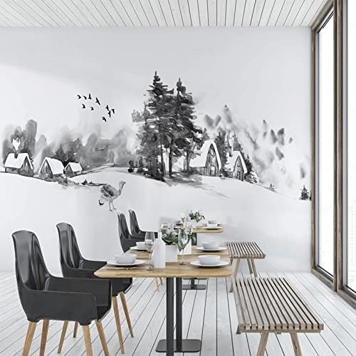 XLMING Schwarz-Weiß-Tinte Malerei Winterdorf Schnee Dekoration Küche Esszimmer Arbeitszimmer Wohnzimmer TV Hintergrund Wand 3D Tapete-430cm×300cm