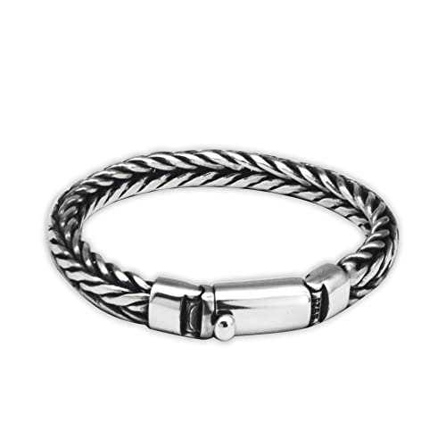 VOYADE S925 Silber Reines Handgewebtes Kielarmband, Dickes Weizenstachel-Thai-Silberarmband Für Männer, Großzügiges Schnallenarmband Aus Kubanischer Kette,Silber,20cm