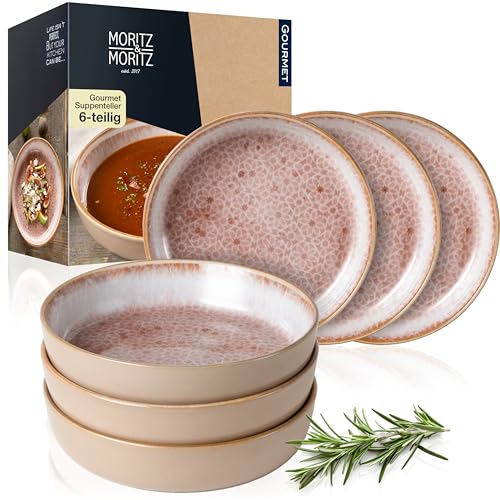 Moritz & Moritz TERRA 6-tlg Suppenteller rosa je 700 ml - Ø 19 x 4,5 cm – in zartem Rosa aus hochwertigem Porzellan – tiefe Teller für Suppen, Salate, Müsli, Pasta uvm.