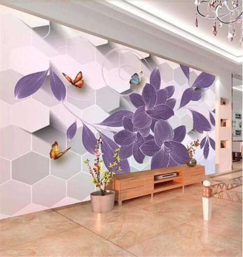 Lila Blume Schmetterling Geometrie 3D Tapete Poster Restaurant Schlafzimmer Wohnzimmer Sofa TV Dekorative Wand-430cm×300cm