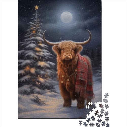 Weihnachtspuzzle mit Highland-Kuh-Motiv, Holzpuzzle, Lernpuzzle für Teenager (Größe 52 x 38 cm)