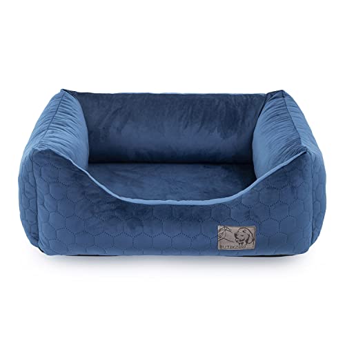 Exclusive Hundebett | Hundeliege, Hundekörbchen mit Kissen | Hundesofa für kleine, mittlere und große Hunde (XL: 100 x 79 cm, Velvet Dunkelblau)