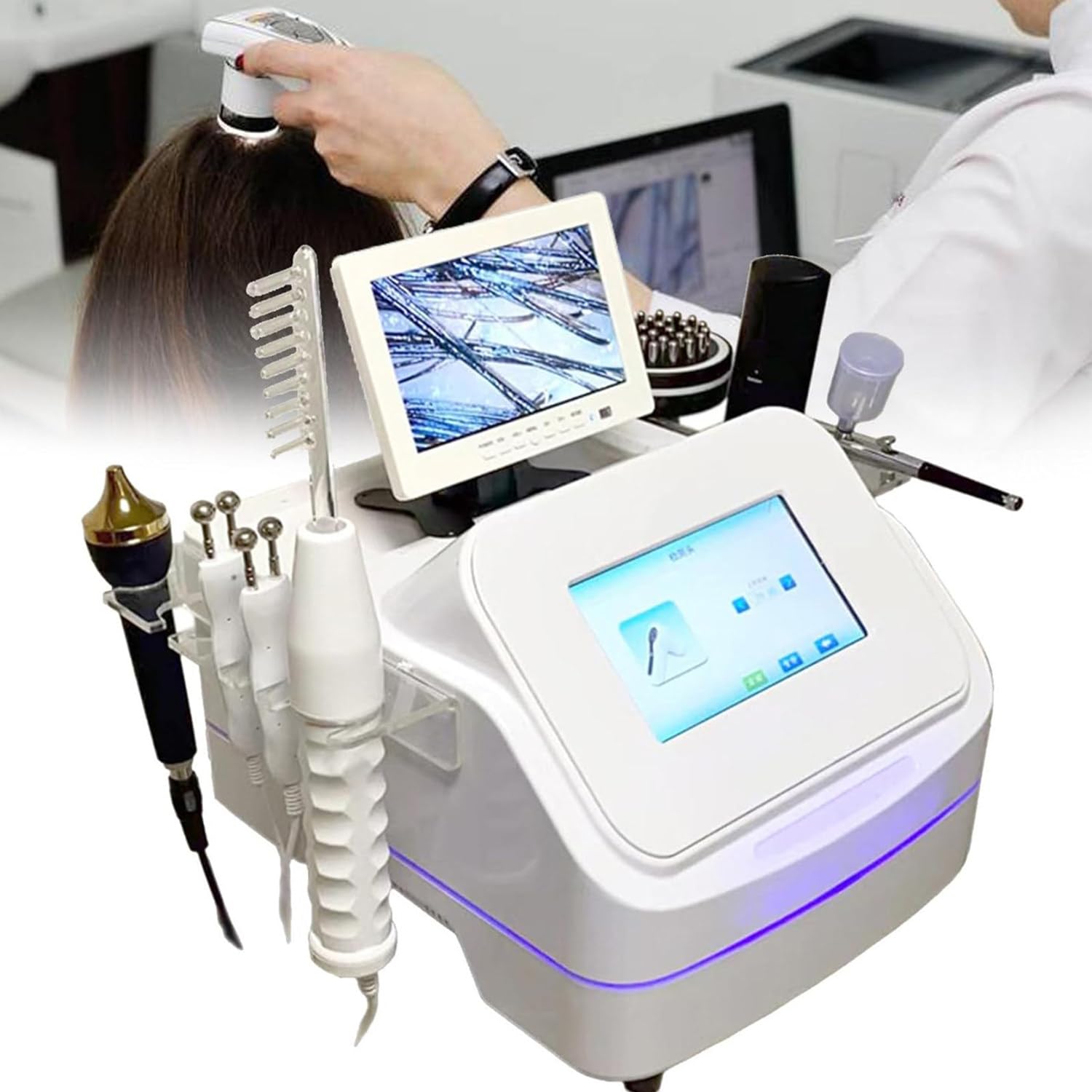 Qiang Hautdiagnose-Haaranalysator,Haut Kopfhaut Haarfollikeldetektor,Professionelles Hautanalysatorgerät 50x 200x Mit 7 Griffen und Duales LCD-Display,Für Zuhause,Schönheitssalon